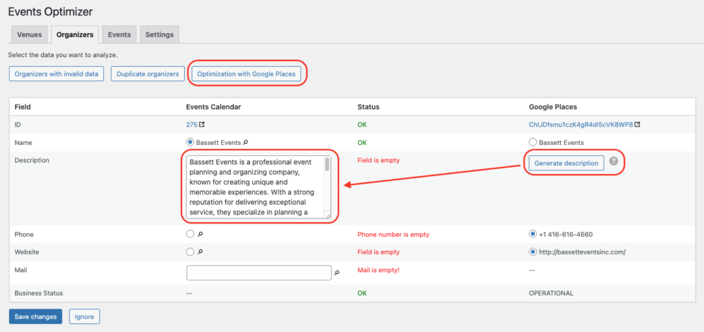 Screenshot of a list of organizers and a button to generate a description