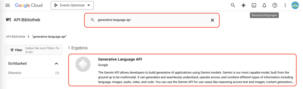Screenshot of the google cloud interface showing a search result for "generative language api", with a description of the api displayed.