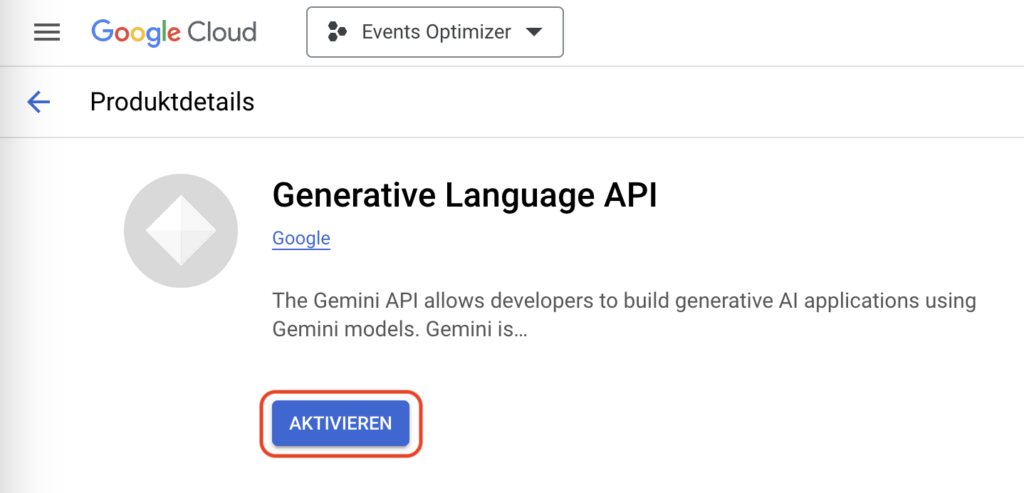 Screenshot of google cloud's "produktdetails" page, featuring the "generative language api" with a highlighted "aktivieren" button.
