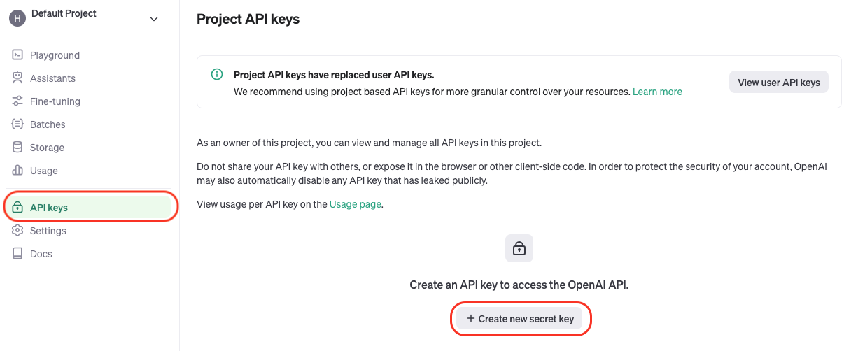 Screenshot of a user interface for "project api keys" in a software application, highlighting the option to create a new api key.