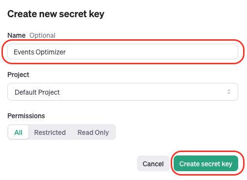 User interface for creating a new secret key with fields for name, project, and permissions, and buttons for canceling or creating the key.