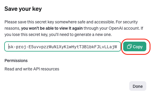 Screenshot of an api key on a webpage with a "copy" button highlighted to the right, and "save your key" instructions and permissions text visible.