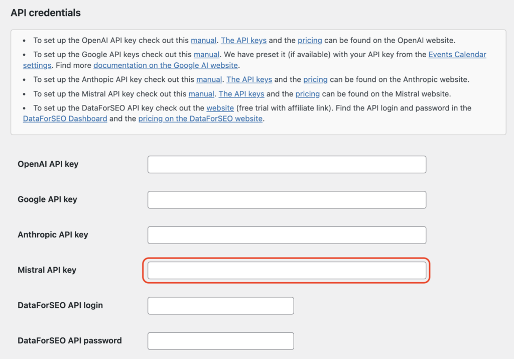 Events Optimizer - Setting - Add Mistral API Key Screenshot of a form for entering API credentials featuring fields for OpenAI, Google, Anthropic, and Mistral API keys, as well as DataForSEO login and password, accompanied by instructional text and links.